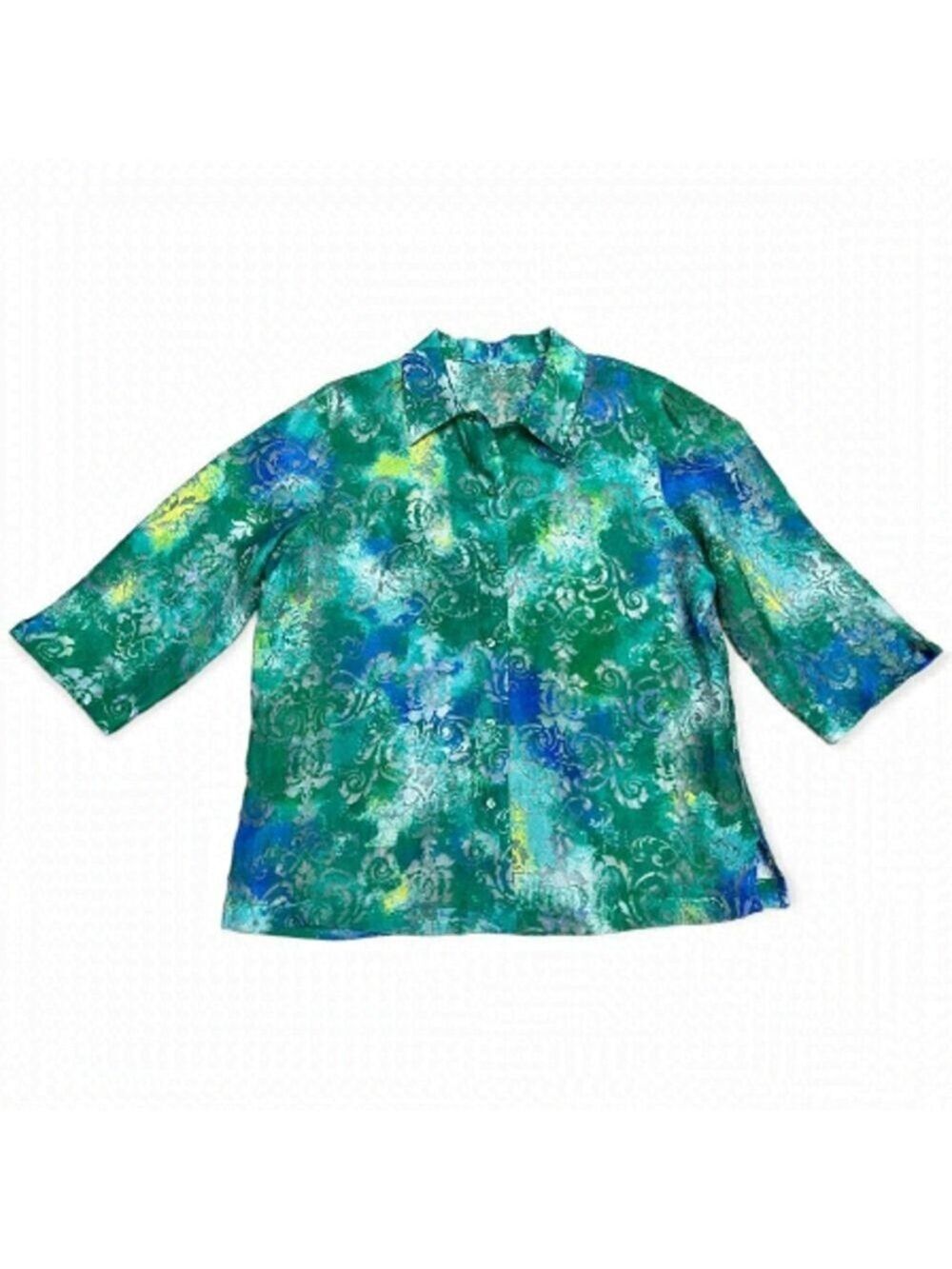 Vintage Green Floral See-Thru Sheer Lace Blouse Button-Up Top - Womens Large